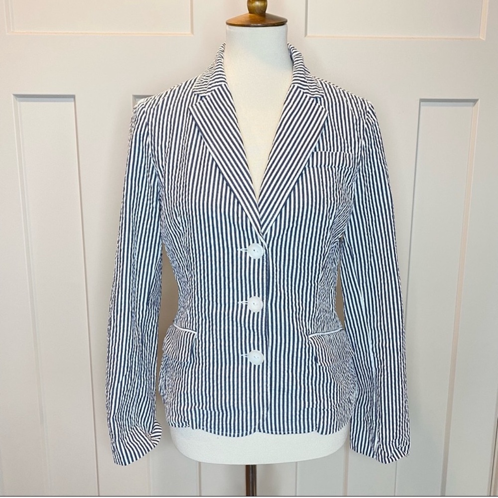 Sandro Seersucker Jacket 100% Cotton Striped Blazer Missing Button Size M